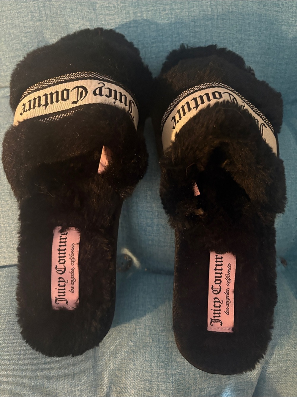 Juicy Couture Black Faux-Fur Slide Slippers with Pink Insole Detail